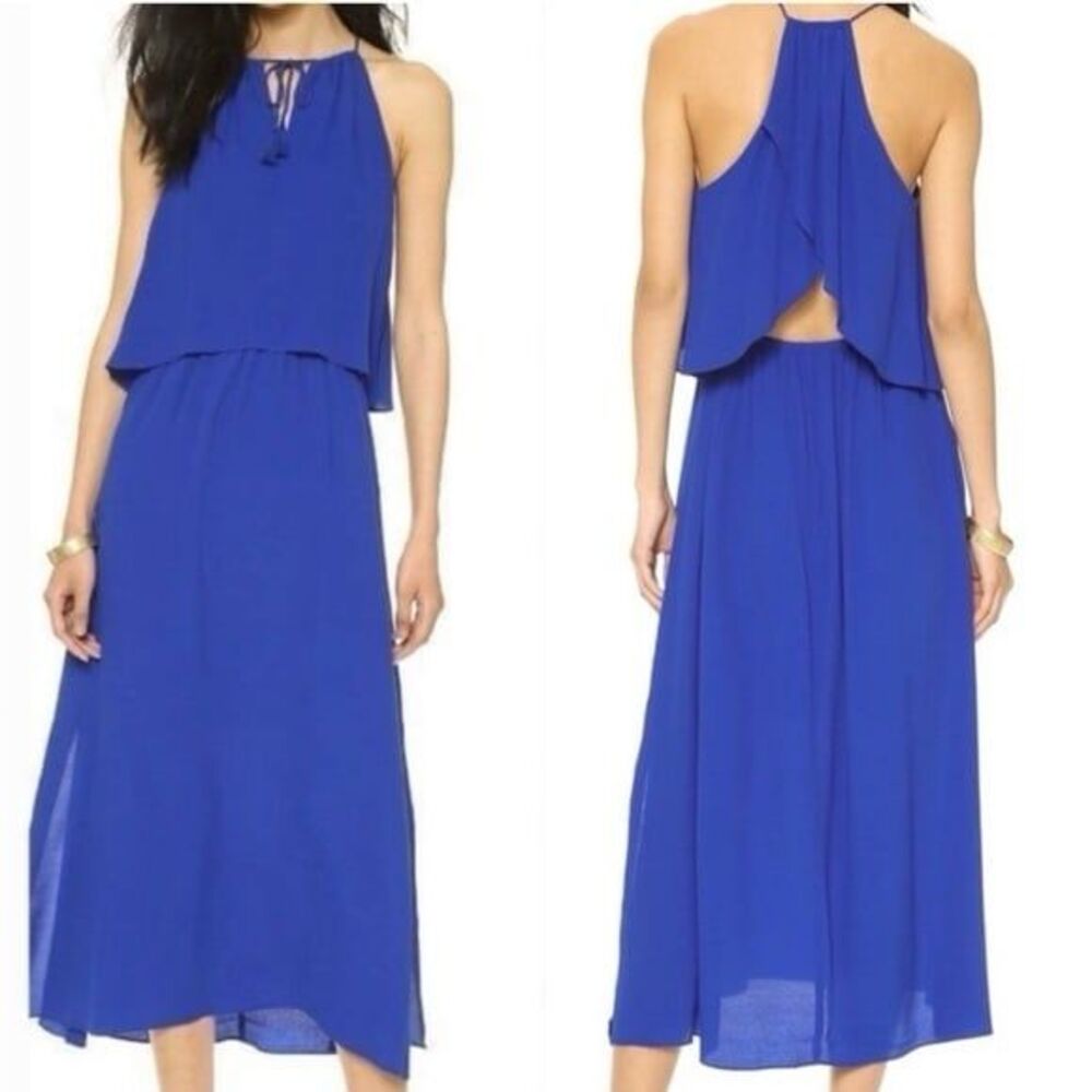 MADEWELL BLUE TIERED MIDI FLUTTER BACK DRESS